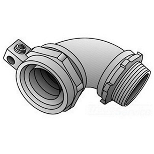 4Q-975LT Ground-Tite Concretetight Liquid Tight Oiltight Positive Grounding Raintight Conduit Connector With Lug and Insulated Throat, 3/4 in Trade, 14 to 4 AWG Cable Openings, 90 deg, Malleable Iron, Zinc Electroplated