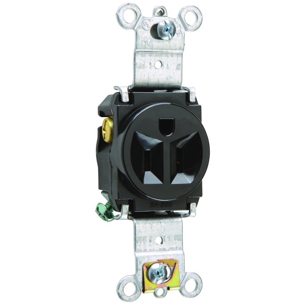 5261BK Heavy Duty Spec Grade Single Receptacle, Back and Side Wire, 15 Amp, 125V, Black