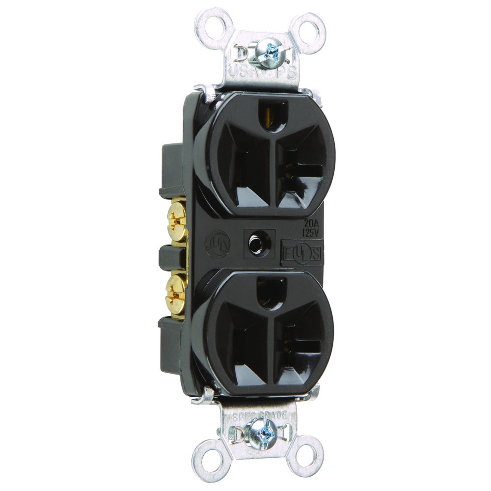 5362BK 20 Amp 125V Hard Use Spec-Grade Duplex Receptacle, Back and Side Wire, Black