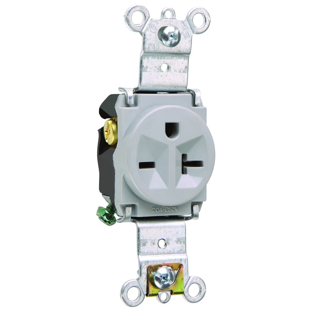 5871GRY Heavy Duty Single Straight Blade Receptacle, 250 VAC, 20 A, 2 Poles, 3 Wires, Gray