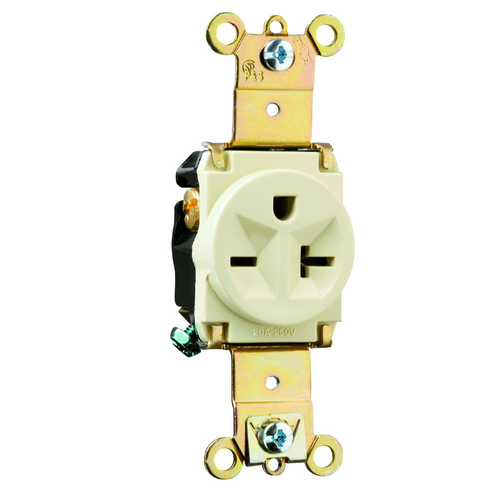 5871I Heavy Duty Single Straight Blade Receptacle, 250 VAC, 20 A, 2 Poles, 3 Wires, Ivory