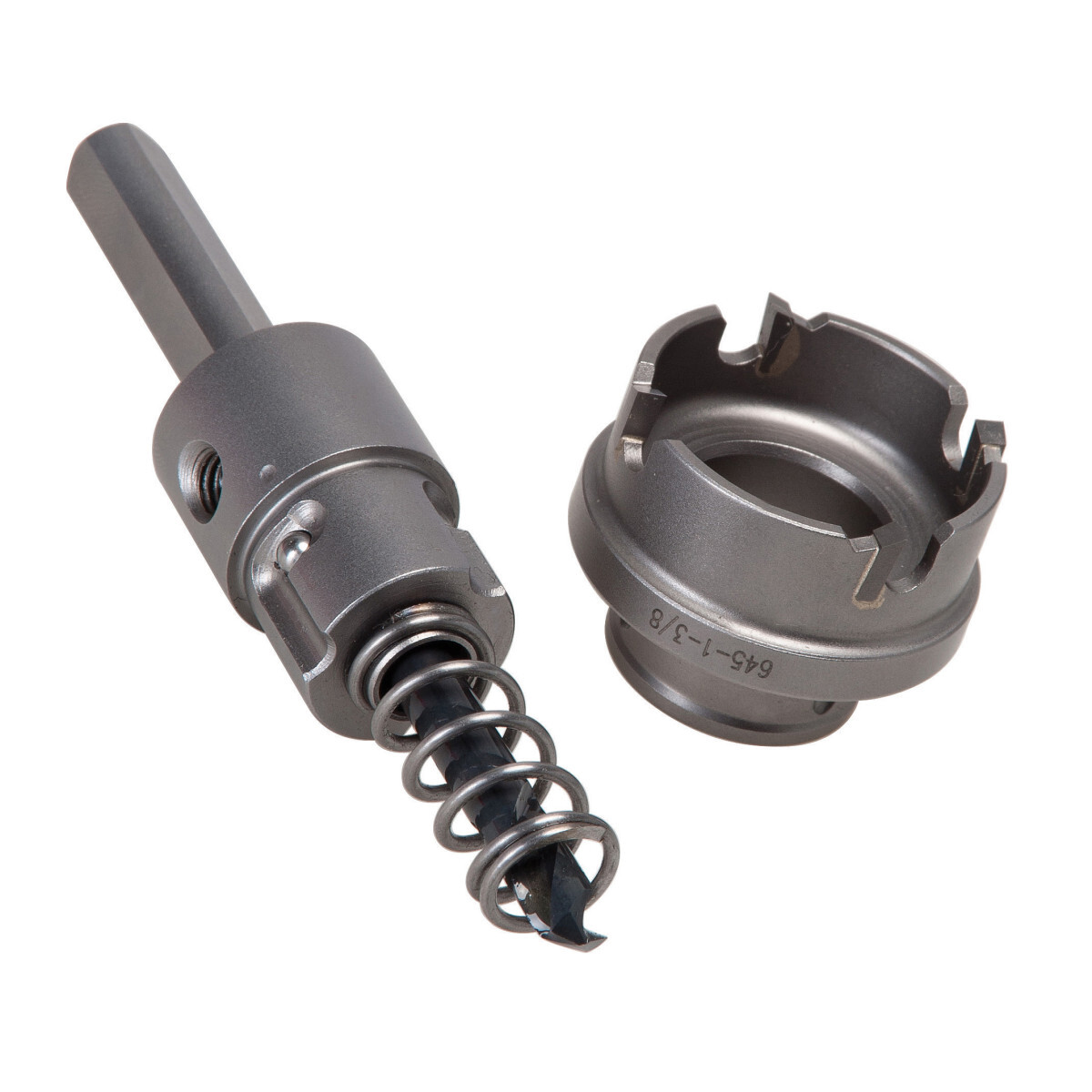 645-1-1/8 Quick-Change Hole Cutter, 1-1/8 in Dia, 8 ga D Cutting, Tungsten Carbide Tip Cutting Edge, 3/8 in Arbor