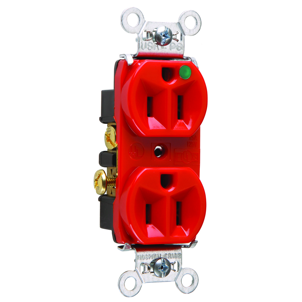 8200HRED 15 Amp 125V Heavy Duty Hospital-Grade Compact Duplex Receptacle, Back and Side Wire, Red