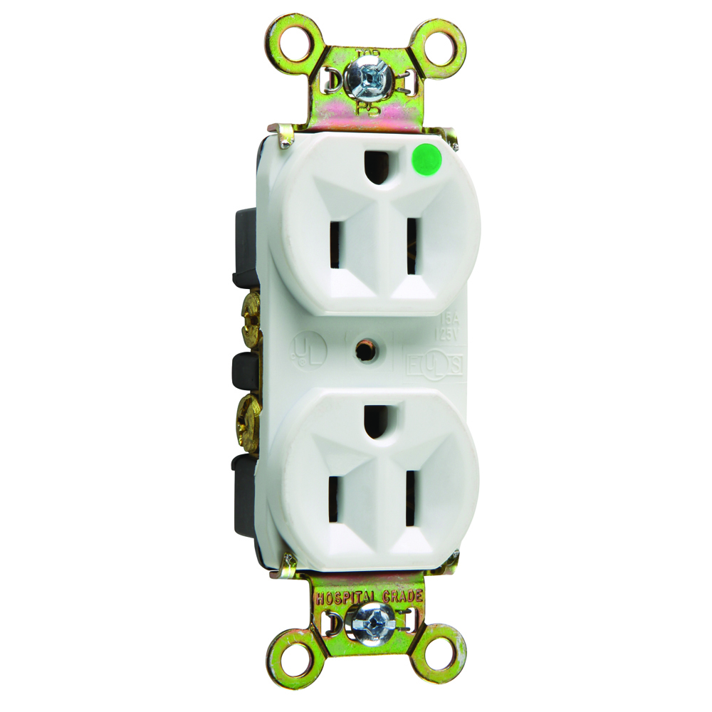 8200HW 15 Amp 125V Heavy Duty Hospital-Grade Compact Duplex Receptacle, Back and Side Wire, White