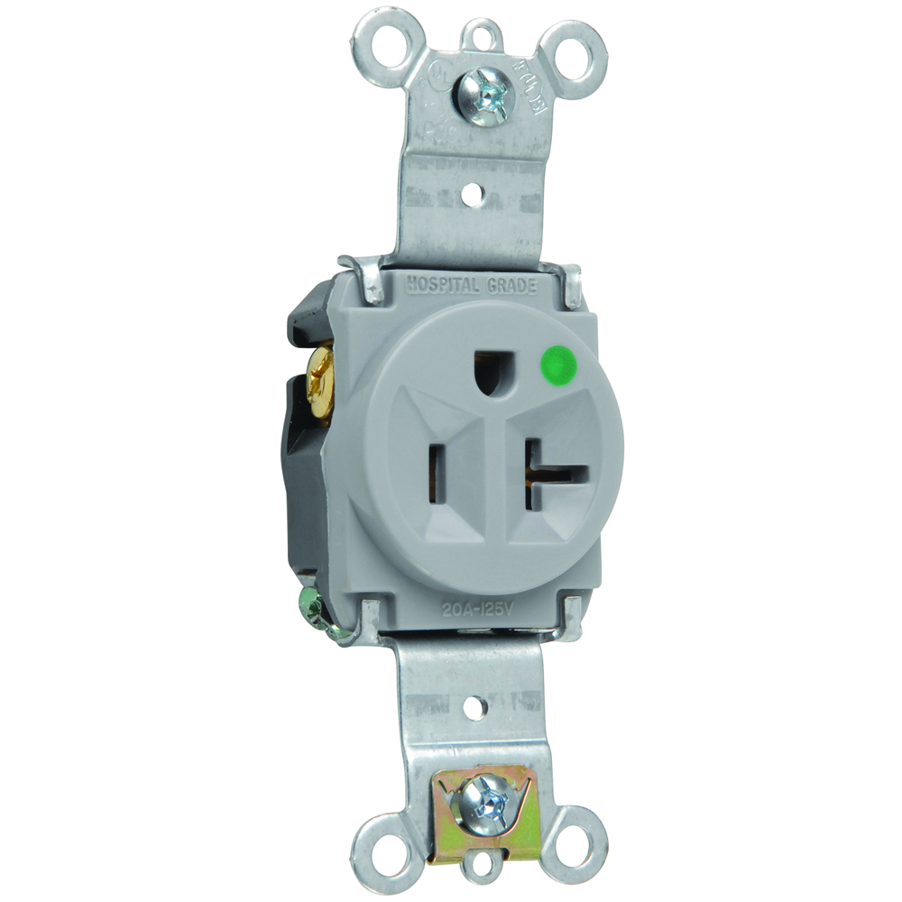 8301GRY 20 Amp 125V Heavy Duty Hospital-Grade Single Receptacle, Back and Side Wire, Gray