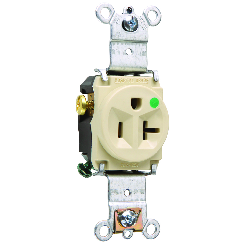 8301I 20 Amp 125V Heavy Duty Hospital-Grade Single Receptacle, Back and Side Wire, Ivory