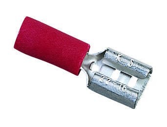 83-9571 Female Disconnect Terminal, 22 to 18 AWG Conductor, 0.25 x 0.032 in Tab, Shouldered Barrel, Brass, Red
