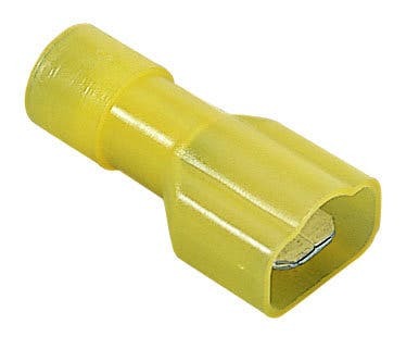 IDEAL, Disconnect Terminal, Fully Insulated, Wire Size: 12 - 10 AWG, Voltage Rating: 300 V, Material: Brass, Nylon, Finish: Tin-Plated, Insulation: 0.244 IN Diameter, Connection: Female, Tab Size: 0.250 IN X 032 IN, Temperature Rating: 105 DEG C