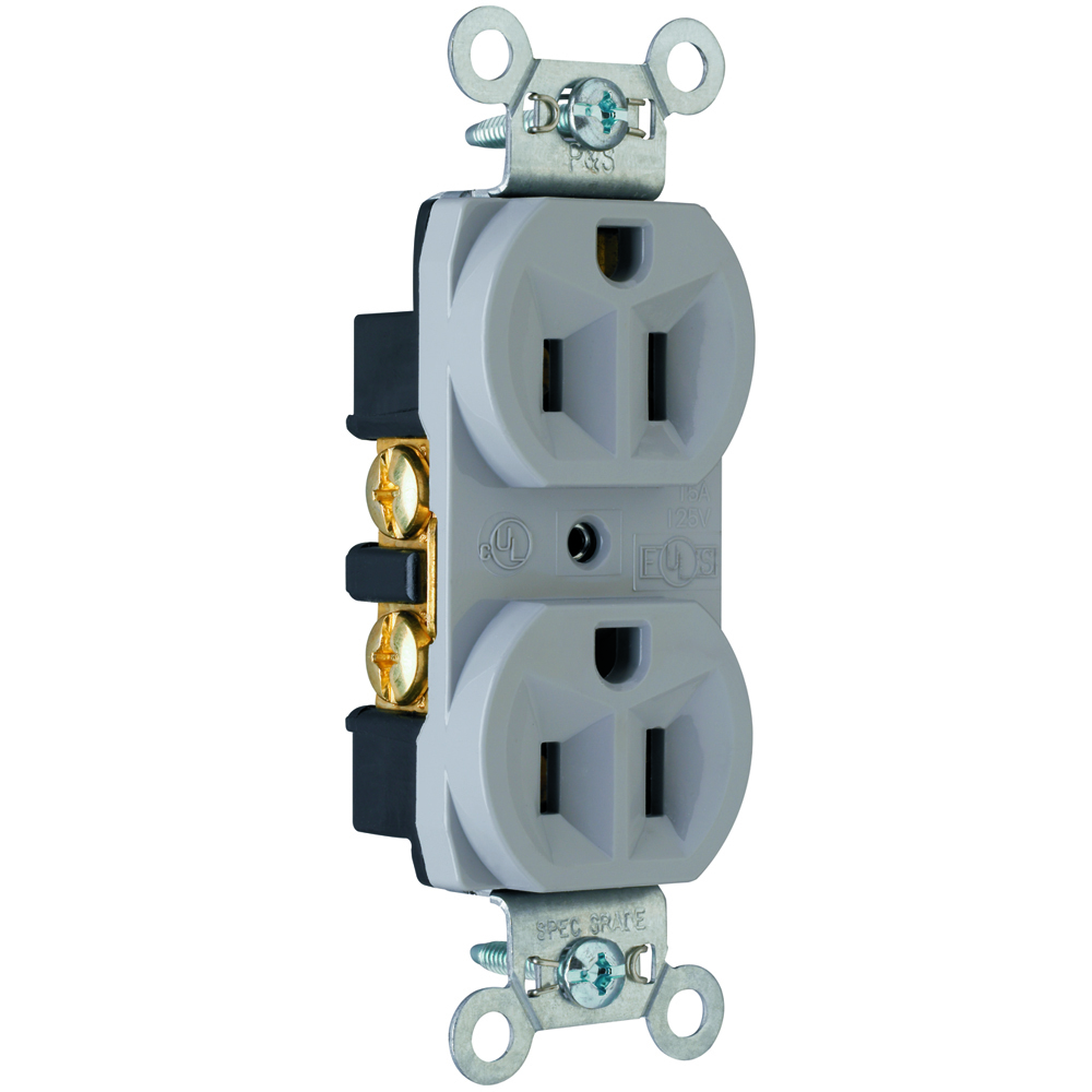 CRB5262GRY 15 Amp 125V Commercial Spec-Grade Duplex Receptacle, Back and Side Wire, Gray