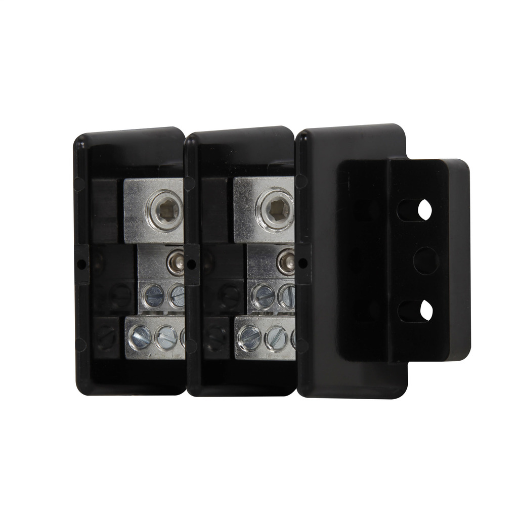 16021-2 Power Distribution Block, 600 V AC/DC, 175 A, 2 Poles, 14 to 2/0 AWG Cu, 8 to 2/0 AWG Al Line, 14 to 4 AWG Cu, 8 to 4 AWG Al Load Wire, Thermoplastic
