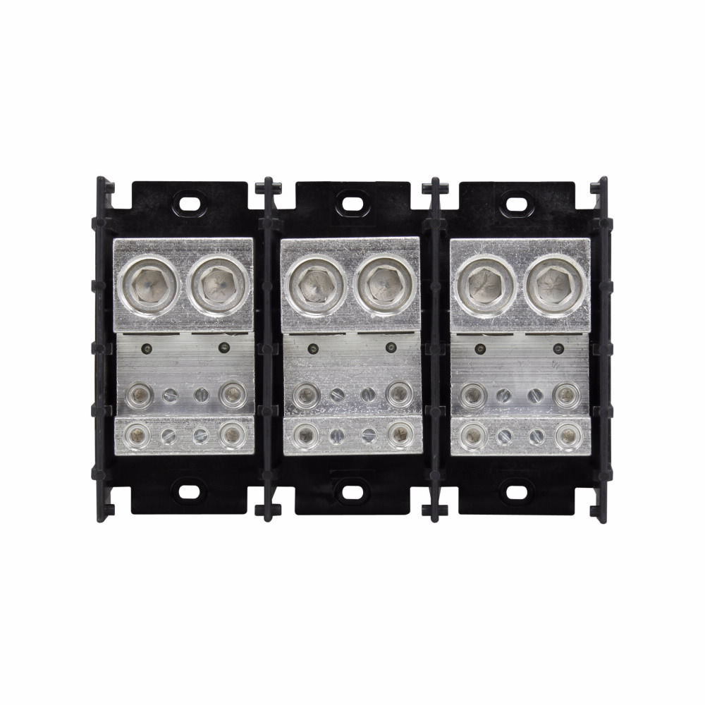 16528-3 Standard Power Distribution Block, 600 V AC/DC, 840 A, 3 Poles, 2 AWG to 600 kcmil Cu/Al Line, 6 to 3/0 AWG, 14 to 4 AWG Cu/Al Load Wire, Thermoplastic
