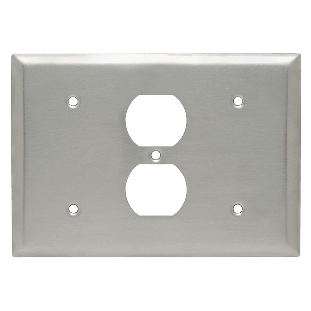 SS14814 3-Gang 302/304 Stainless Steel Wall Plate, 1 Blank 1 Duplex Receptacle and 1 Blank