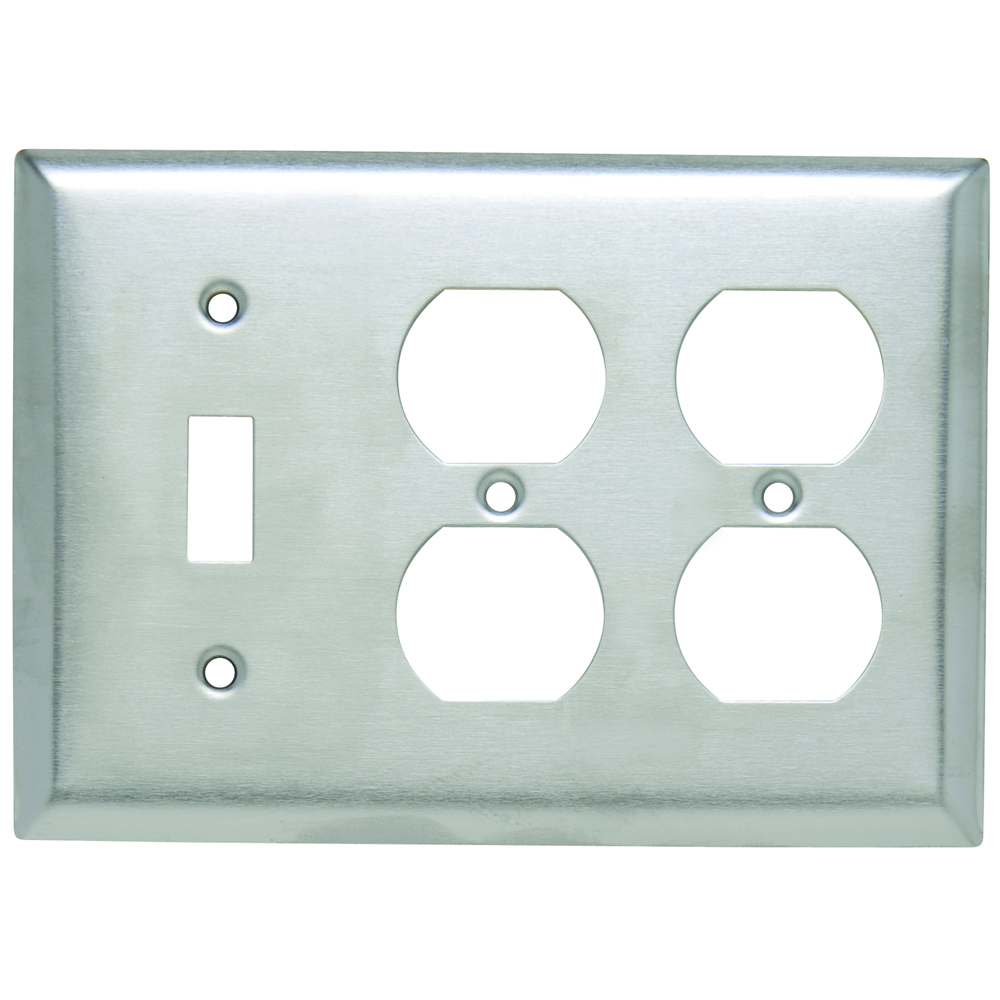 SS182 3-Gang 302/304 Stainless Steel Wall Plate, 1 Toggle Switch and 2 Duplex Receptacle