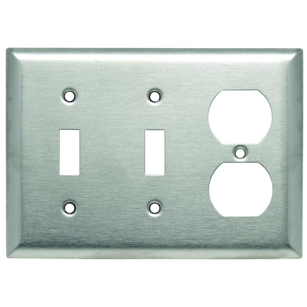 SS28 3-Gang 302/304 Stainless Steel Wall Plate, 2 Toggle Switch Openings, 1 Duplex Receptacle Opening