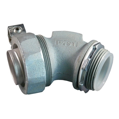 STB-45150L Liquid Tight Oiltight Raintight Conduit Connector With Insulated Throat, 1-1/2 in Trade, 8 to 1/0 AWG Cable Openings, 45 deg, Malleable Iron, Triple Coated