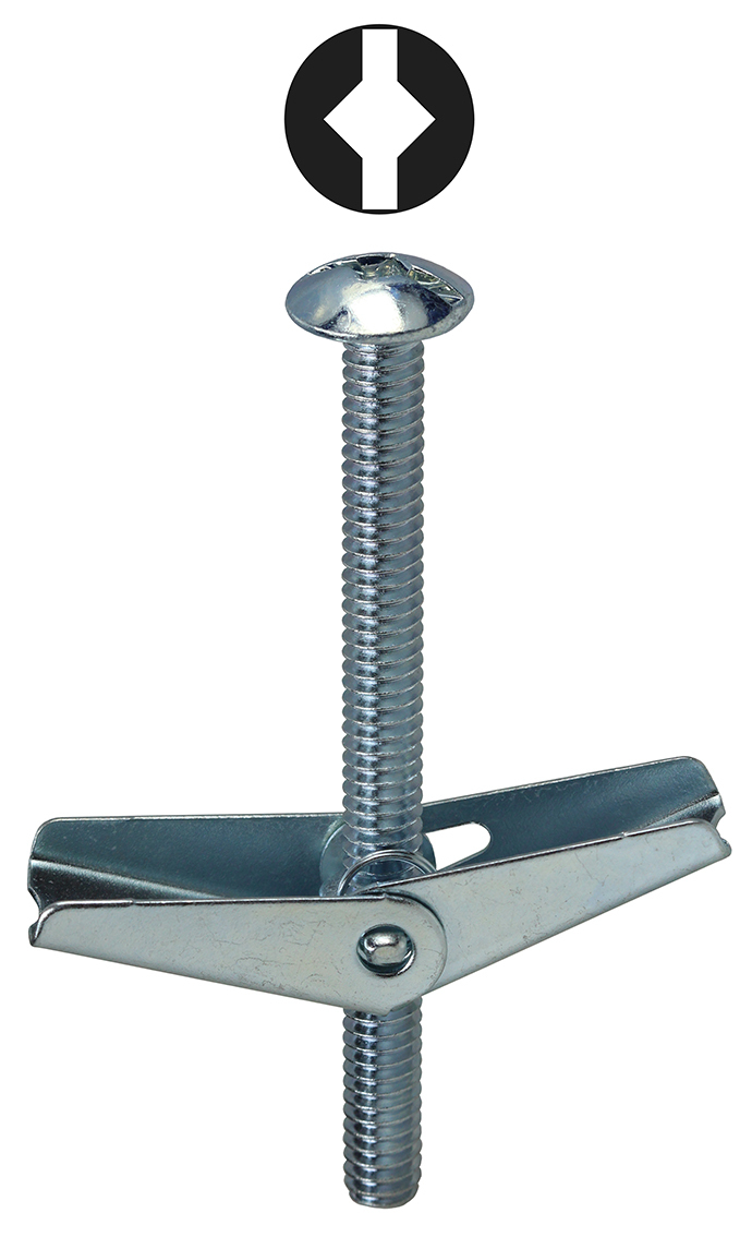 TB363DS Toggle Bolt With Spring Wing Nut, 3/16 in Screw, 3 in OAL, Steel, Mushroom Head, 1/2 in Drill
