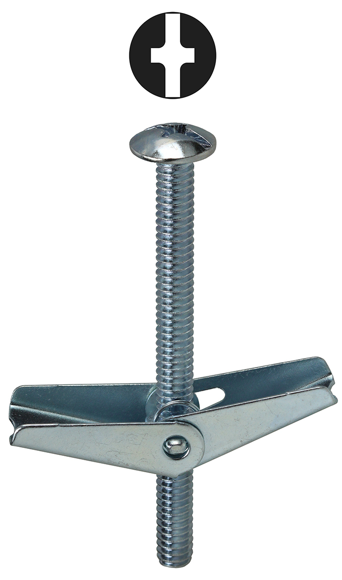 TBC363 Toggle Bolt With Spring Wing Nut, 3/16 in Screw, 3 in OAL, Steel, Mushroom Head, 1/2 in Drill