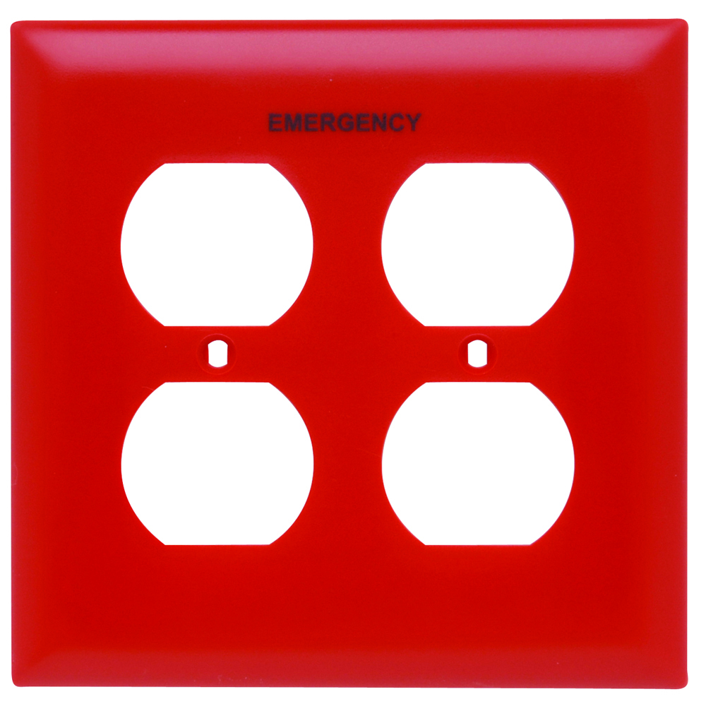 TP82ERED TradeMaster 2-Gang Nylon Wall Plate, 2 Duplex Receptacle Openings, Pad Printed "Emergency", Red