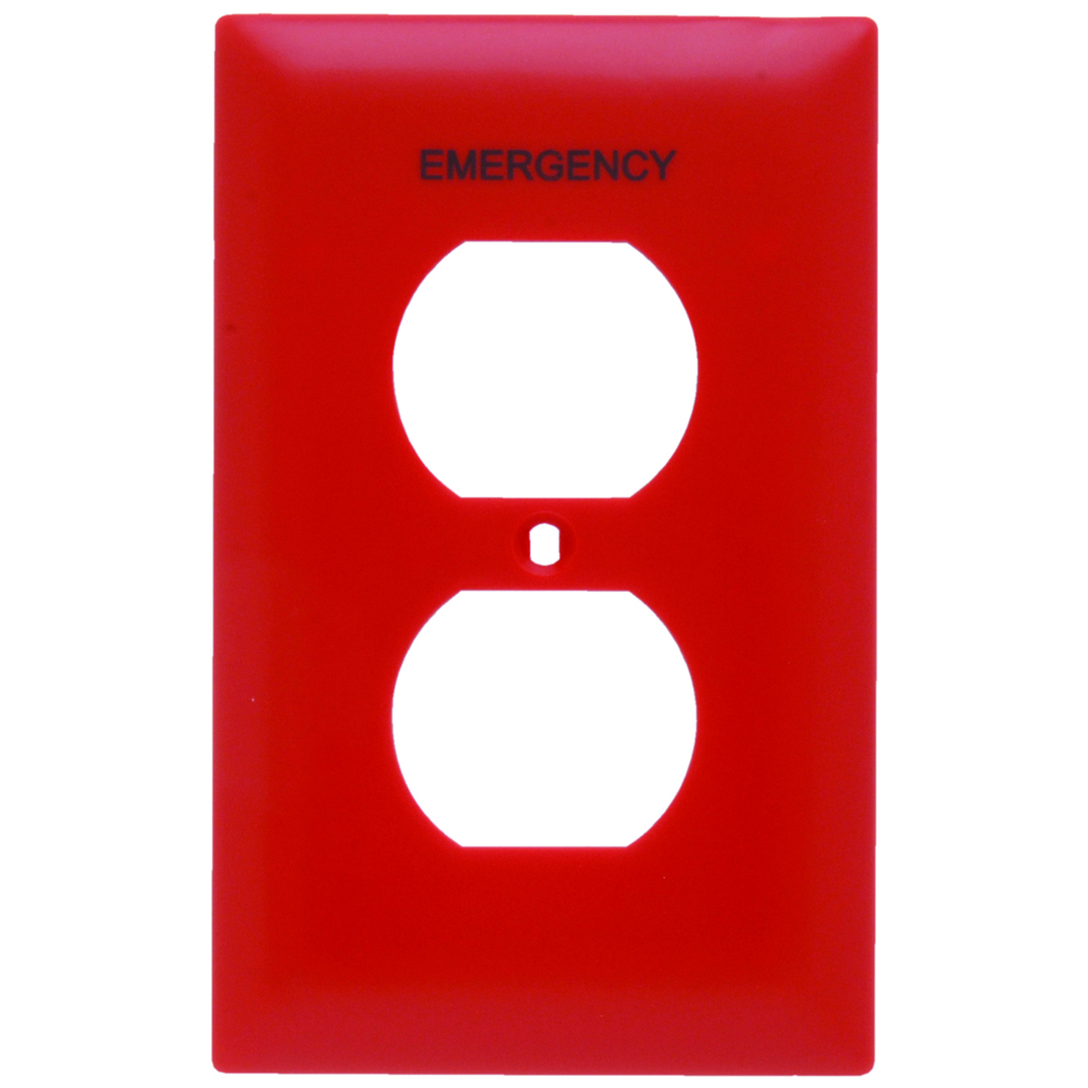TP8ERED TradeMaster 1-Gang Nylon Wall Plate, 1 Duplex Receptacle Opening, Pad Printed "Emergency", Red