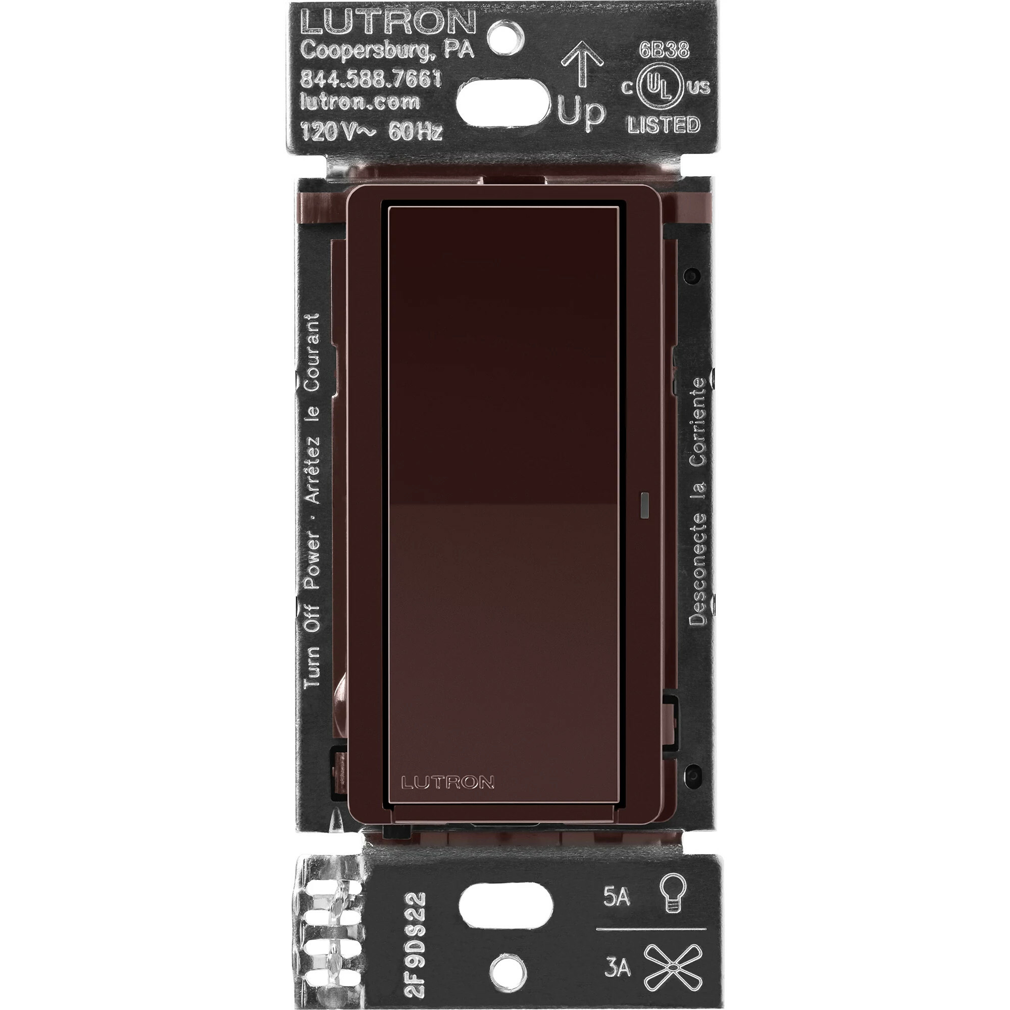 DVRF-5NS-BR Claro Smart Switch for Caseta, 5 Amp LED or 3 Amp Fan, On/Off Paddle Switch, 1 Pole/3-Way, No Neutral Required, 120V, Brown