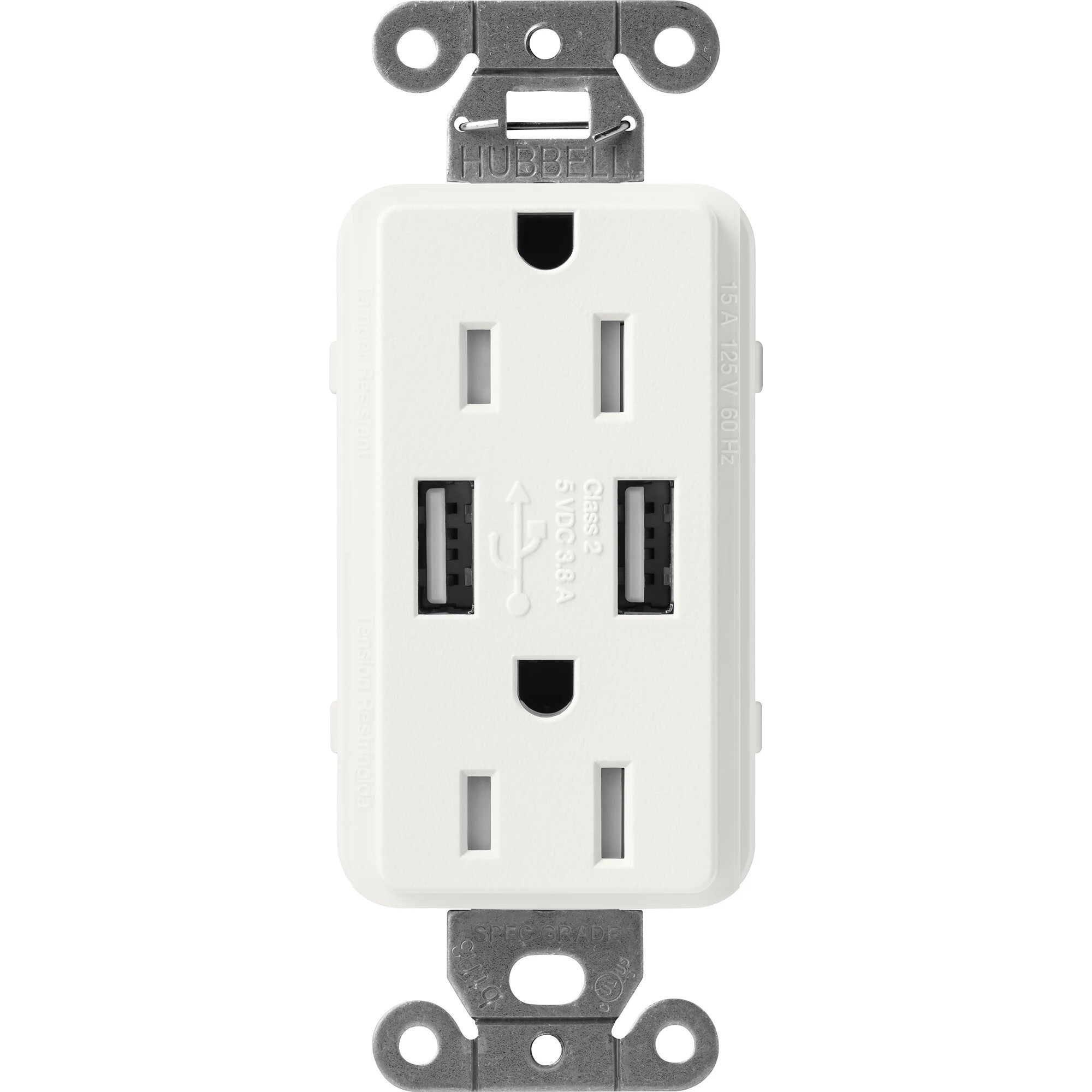 SCR-15-UBTR-RW Claro Tamper-Resistant USB-A Duplex Receptacle, Decorator-Style Outlet, 15 Amp, Self-Testing, Satin, Architectural White