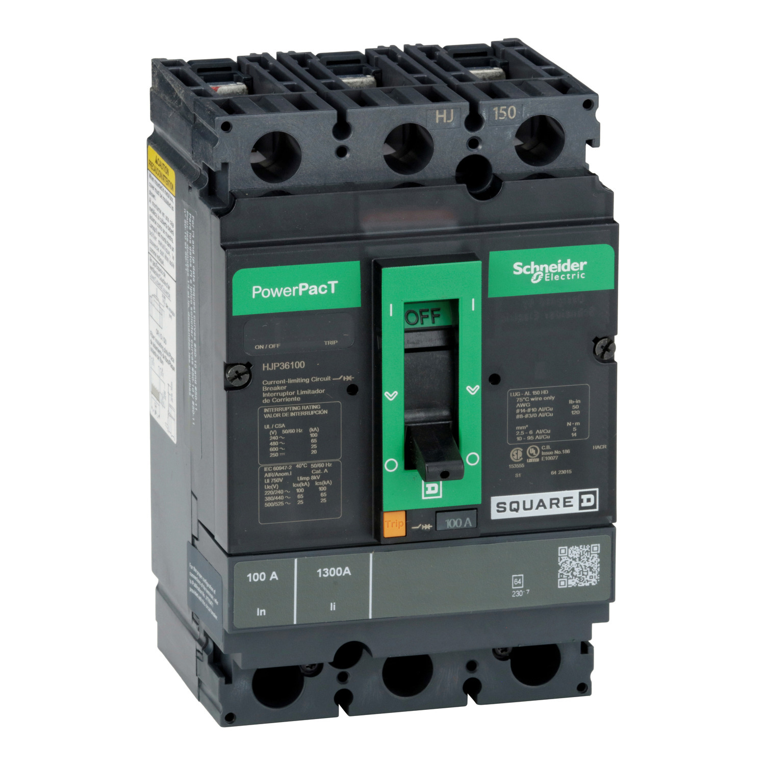 HJP36100 PowerPact Type HJP Molded Case Circuit Breaker, 600 VAC, 250 VDC, 100 A, 20/25/65/100 kA Interrupt, 3 Poles, Thermal Magnetic Trip