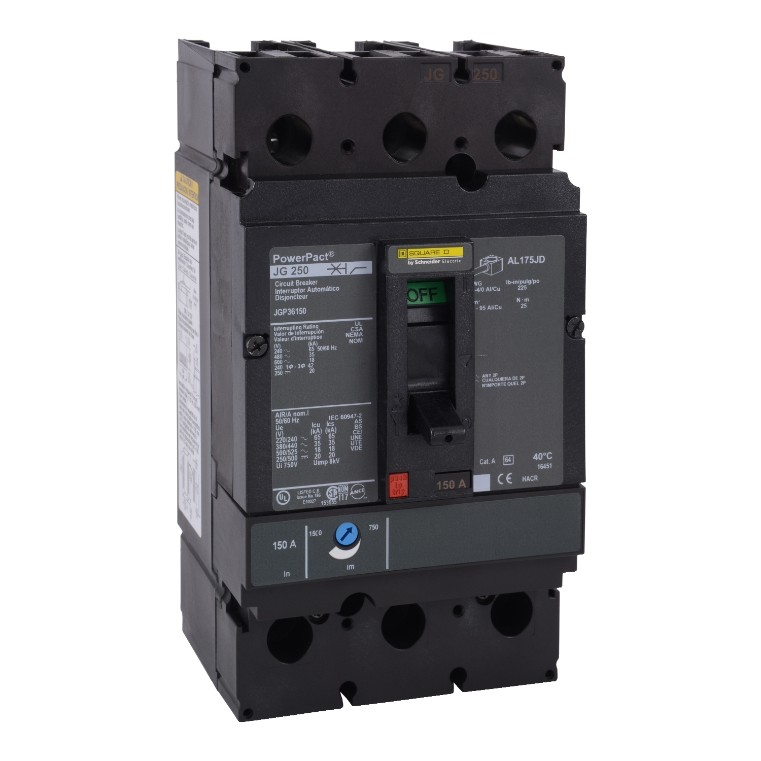 JGP36250 PowerPact 80% Rated Molded Case Circuit Breaker, 600 V AC, 250 A, 65 kA at 240 V AC/35 kA at 480 V AC/18 kA at 600 V AC/20 kA at 250/500 VDC Interrupt, 3 Poles, Thermal Magnetic Trip
