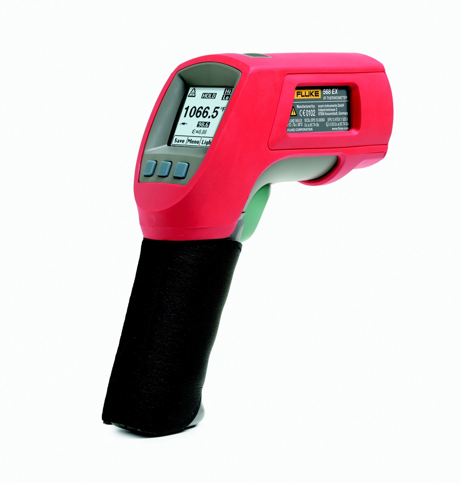 FLUKE-568 Infrared and Contact Thermometer, -40 to 1472 deg F, +/- 1%, 1 in at 50 in Focus Spot, 0.1 to 1 u, AA Battery