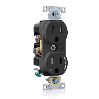 TBR15-S1E Duplex Self-Grounding Tamper Resistant Straight Blade Receptacle With 1 Plug Controlled Markings, 125 V AC, 15 A, 2 Poles, 3 Wires, Black