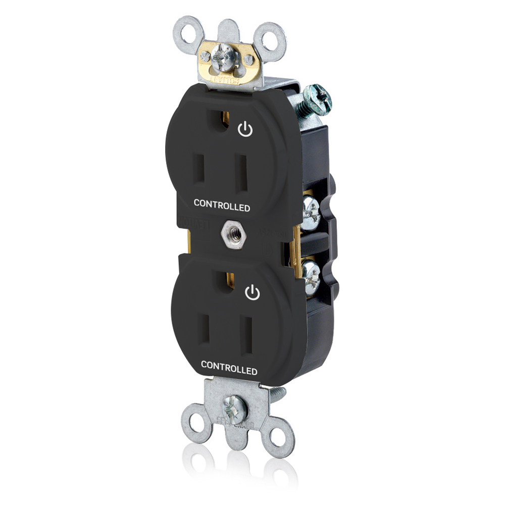 5262-S2E Heavy Duty Narrow Body Straight Blade Duplex Receptacle With 2 Plug Controlled Markings, 125 V AC, 15 A, 2 Poles, 3 Wires, Black