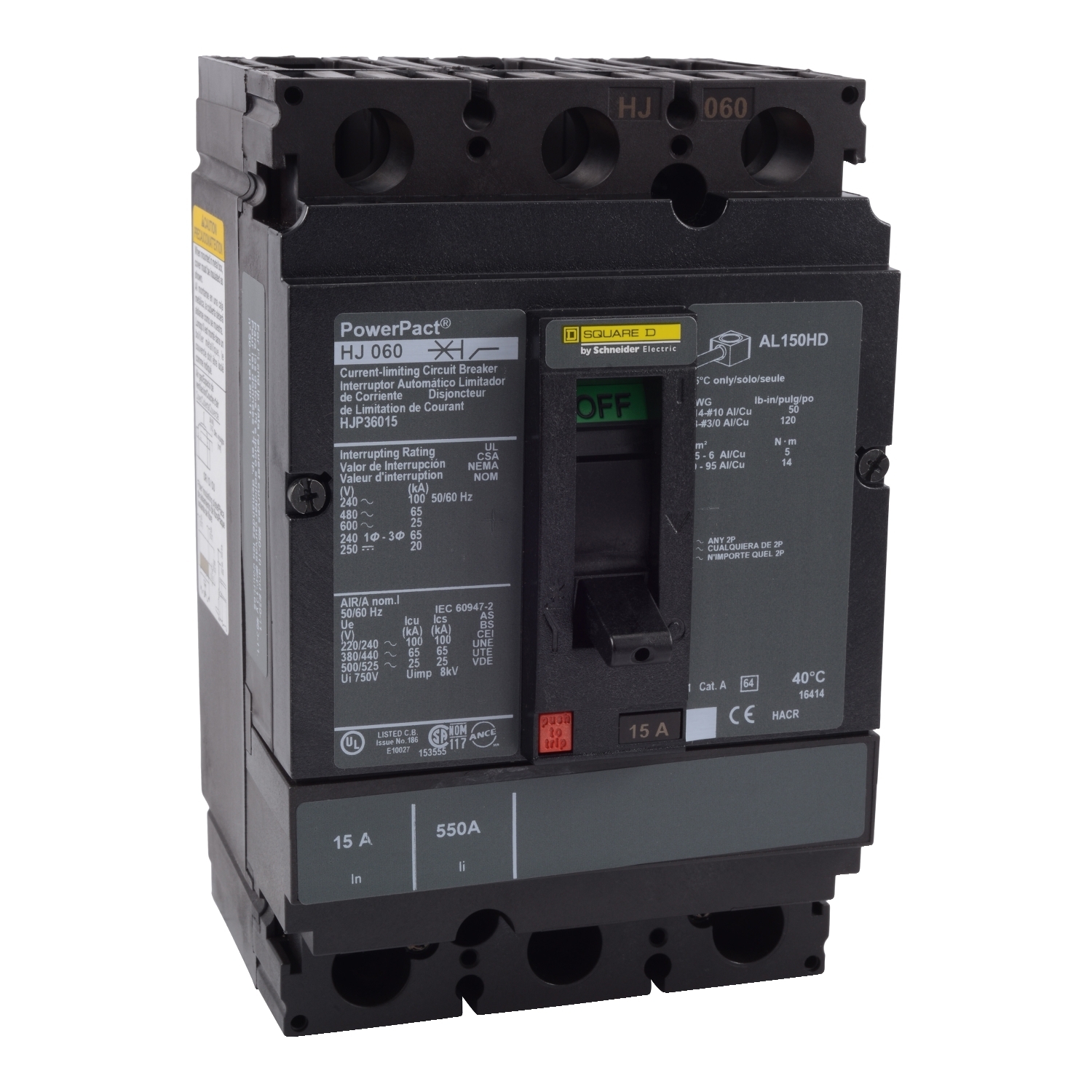 HJP36125 PowerPact Type HJP Molded Case Circuit Breaker, 600 VAC, 250 VDC, 125 A, 20/25/65/100 kA Interrupt, 3 Poles, Thermal Magnetic Trip