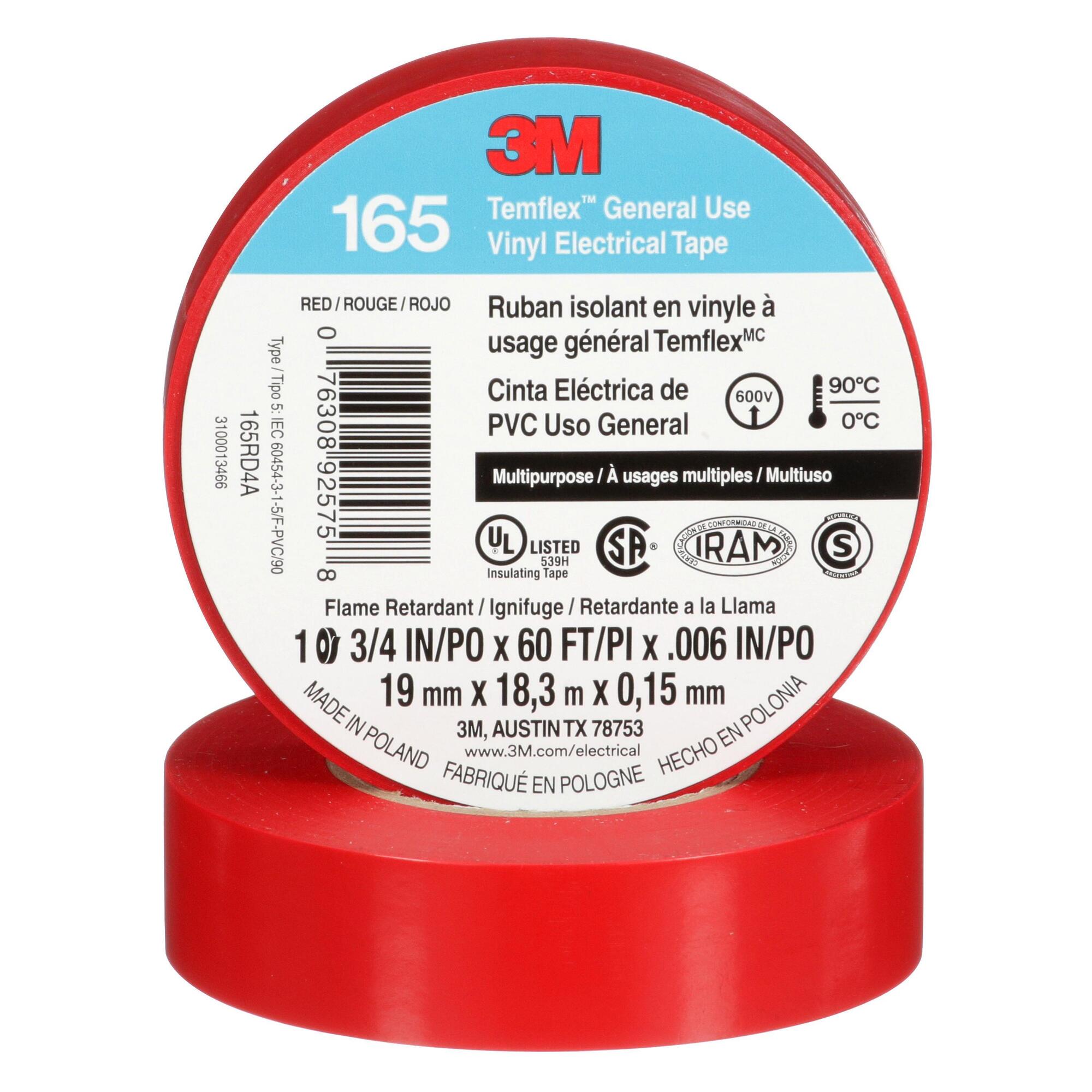 7100169492 Temflex 165RD4A Tape, 20 yd L 0.75 in W, 0.6 in THK, Vinyl, Rubber Adhesive, PVC Backing, Red