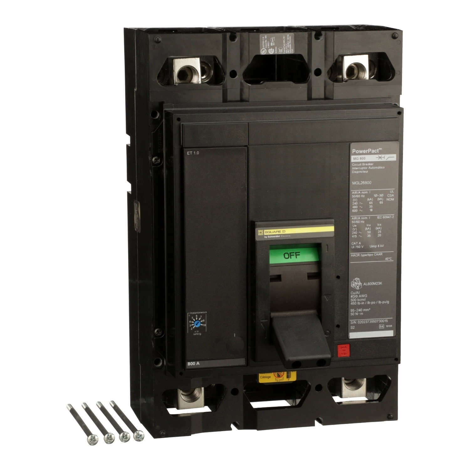 MGL26800 PowerPact 80% Rated Molded Case Circuit Breaker, 600 V AC/250 V DC, 800 A, 18/35/65 kA Interrupt, 2 Poles, Electronic Trip
