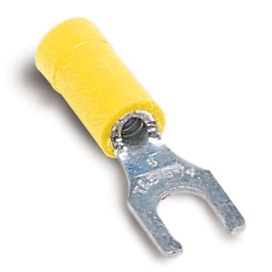 10RC-8FL Sta-Kon RC Series Insulated Fork Terminal, 12 to 10 AWG Conductor, 1.09 in L, Brazed Seam/Serrated Barrel, Copper, Yellow