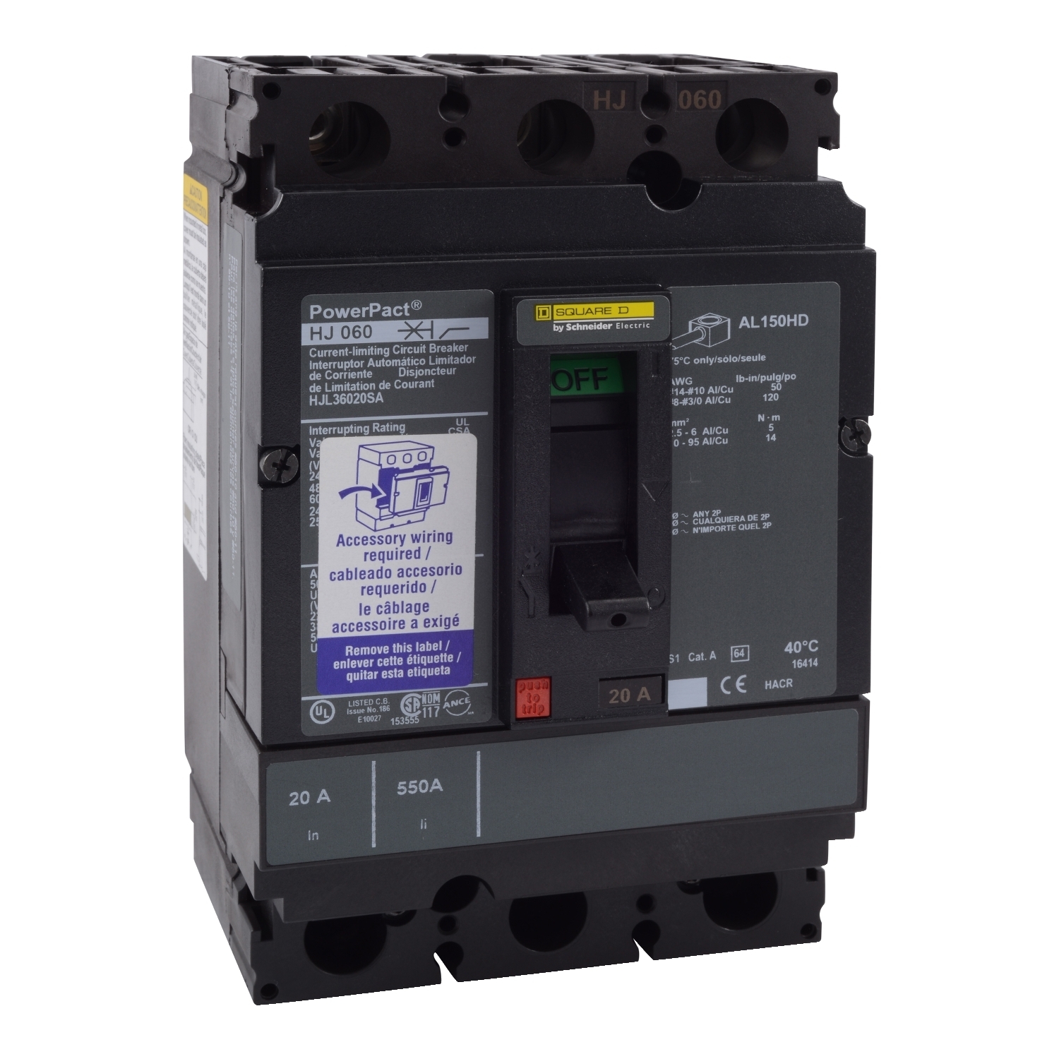 HJL36090SA PowerPact Molded Case Circuit Breaker, 600 V AC, 90 A, 100 kA at 240 V AC, 65 kA at 480 V AC, 25 kA at 600 V AC, 20 kA at 250 VDC Interrupt, 3 Poles, Thermal Magnetic Trip