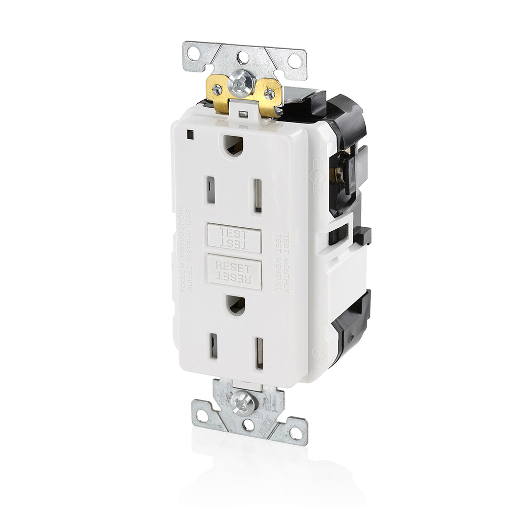 Lev-Lok SmartlockPro Slim MGFT1-W Extra Heavy Duty Self-Test Self-Grounding GFCI Receptacle, 125 V AC, 15 A, 2 Poles, 3 Wires, White