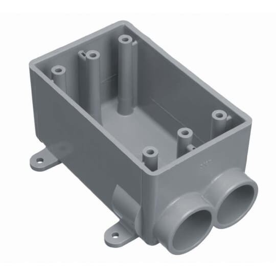 E982FFN-CTN Carlon Type FSS Non-Metallic Rigid Shallow Style Device Box, PVC, 18 cu-in Capacity, 1 Gangs, 2 Outlets, 2 Knockouts, 4.54 in L x 2.8 in W x 2.42 in D