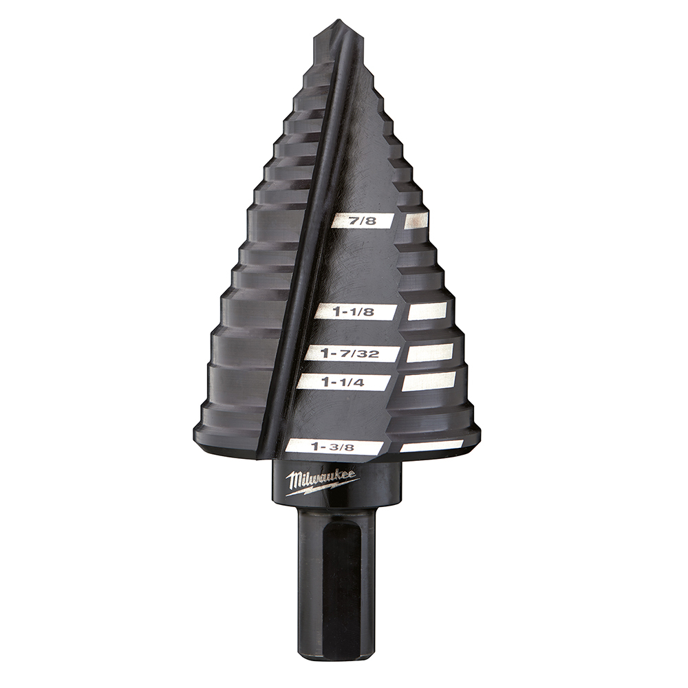 48-89-9212 Step Drill Bit, 7/8 in Dia Min Hole, 1-3/8 in Dia Max Hole, 5 Steps, HSS, 4 Hole Sizes, 3/8 in Shank