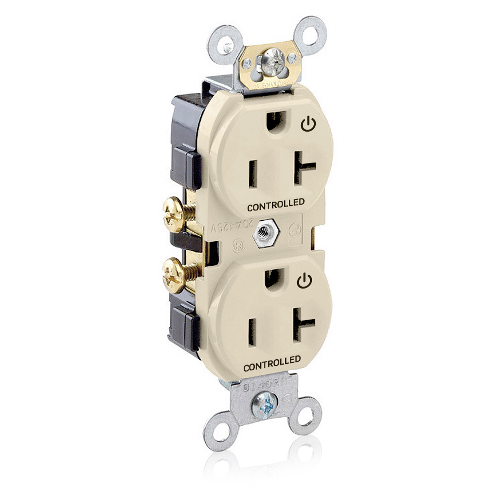 CR020-2PI Self Grounding Straight Blade Duplex Receptacle, 125 V AC, 20 A, 2 Poles, 3 Wires, Ivory