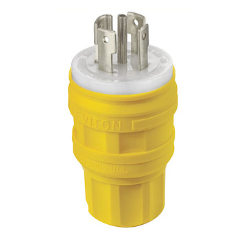 28W81 3-Phase Grounding Watertight Cable Mount Locking Plug, 120/208 V AC, 30 A, 4 Poles, 5 Wires, Yellow