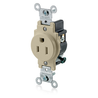 5015-I Heavy Duty Grounding Single Straight Blade Receptacle, 125 V AC, 15 A, 2 Poles, 3 Wires, Ivory