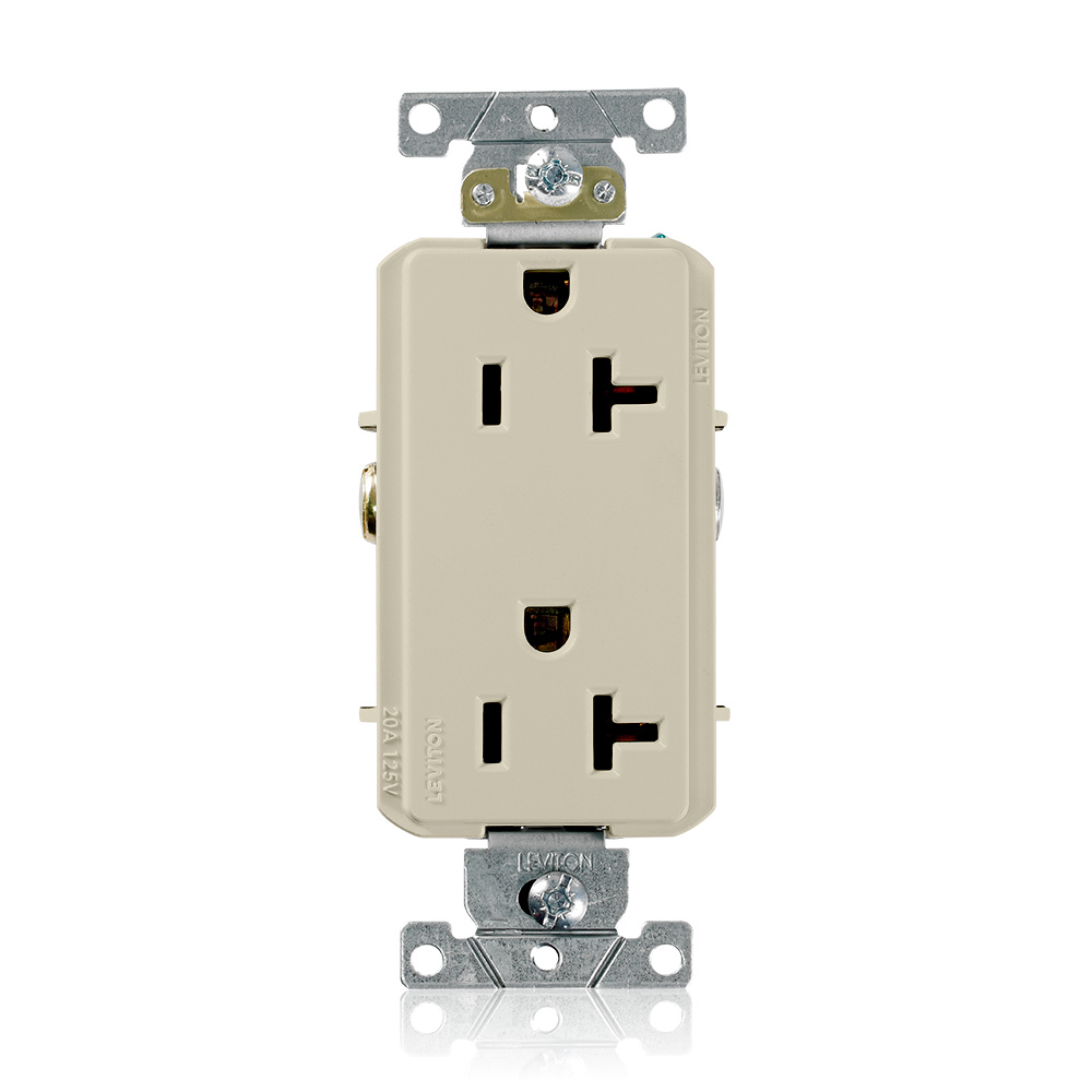 16342-I Heavy Duty Self Grounding Straight Blade Duplex Receptacle, 125 V AC, 20 A, 2 Poles, 3 Wires, Ivory