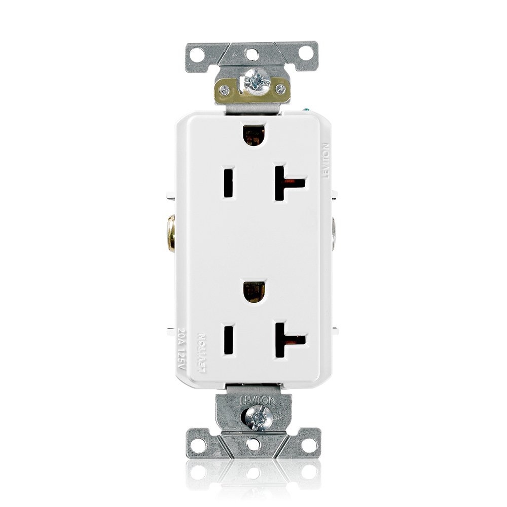 16342-W Decora Plus Heavy Duty Self Grounding Straight Blade Duplex Receptacle, 125 V AC, 20 A, 2 Poles, 3 Wires, White