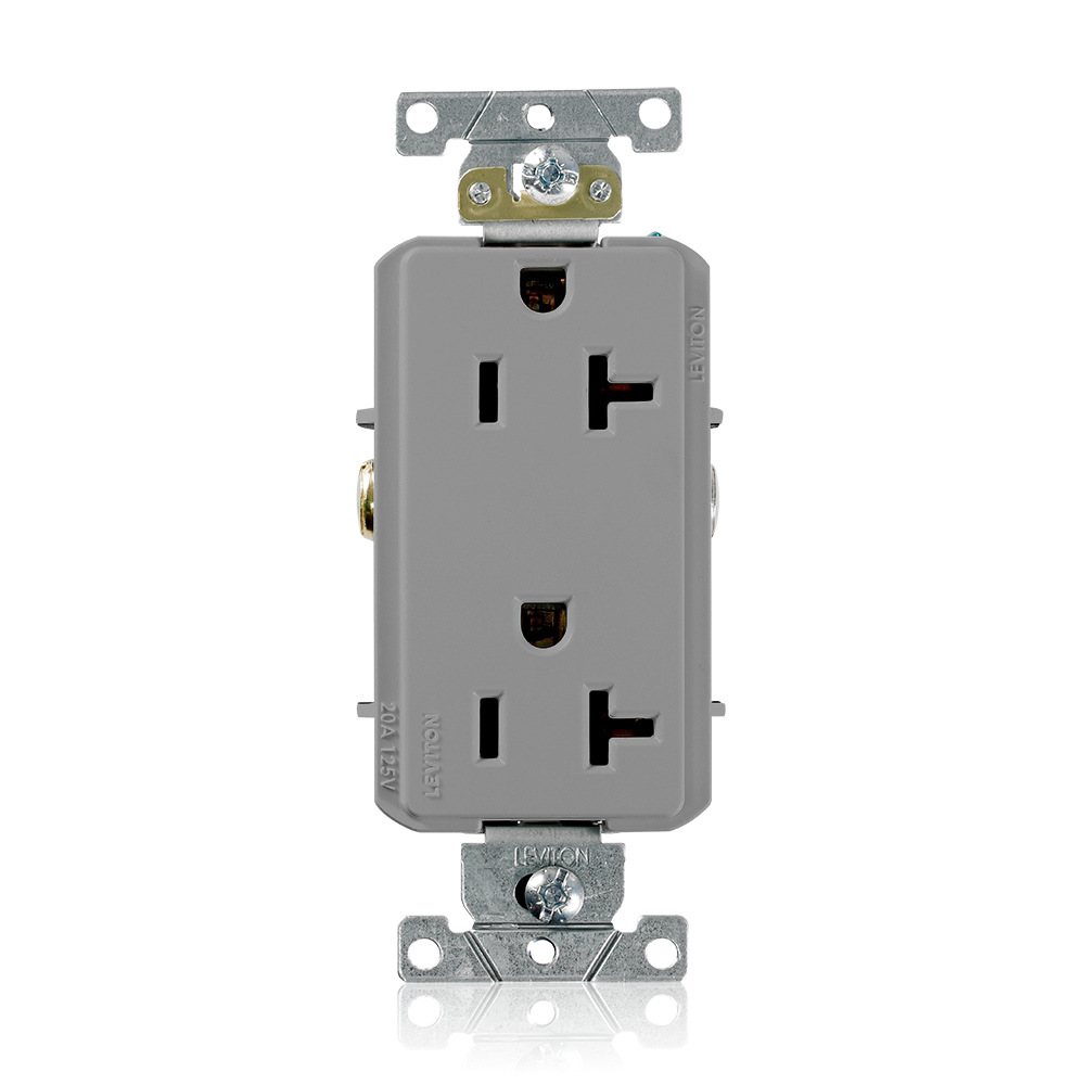 16342-GY Heavy Duty Self Grounding Straight Blade Duplex Receptacle, 125 V AC, 20 A, 2 Poles, 3 Wires, Gray