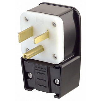 9650-P Angled Cable Mount Grounding Straight Blade Plug, 250 V AC, 50 A, 2 Poles, 3 Wires, Black