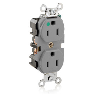 8200-GY 1-Phase Duplex Extra Heavy Duty Straight Blade Receptacle, 125 V AC, 15 A, 2 Poles, 3 Wires, Gray