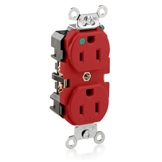 8200-R 1-Phase Duplex Extra Heavy Duty Wide Body Straight Blade Receptacle, 125 V AC, 15 A, 2 Poles, 3 Wires, Red