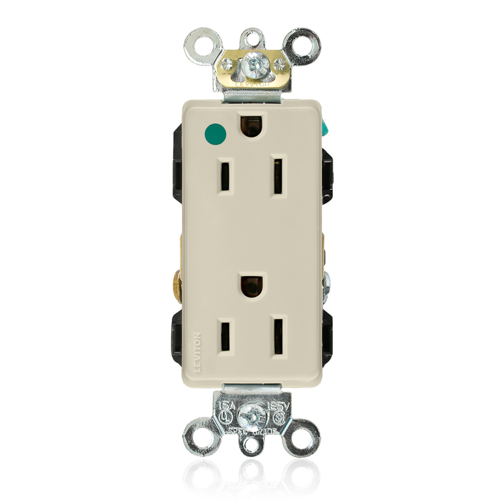 16262-HGI Duplex Extra Heavy Duty Self-Grounding Smooth Face Straight Blade Receptacle, 125 V AC, 15 A, 2 Poles, 3 Wires, Ivory