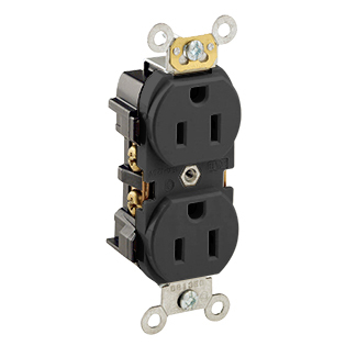 5252-E Heavy Duty Straight Blade Duplex Receptacle, 125 V AC, 15 A, 2 Poles, 3 Wires, Black
