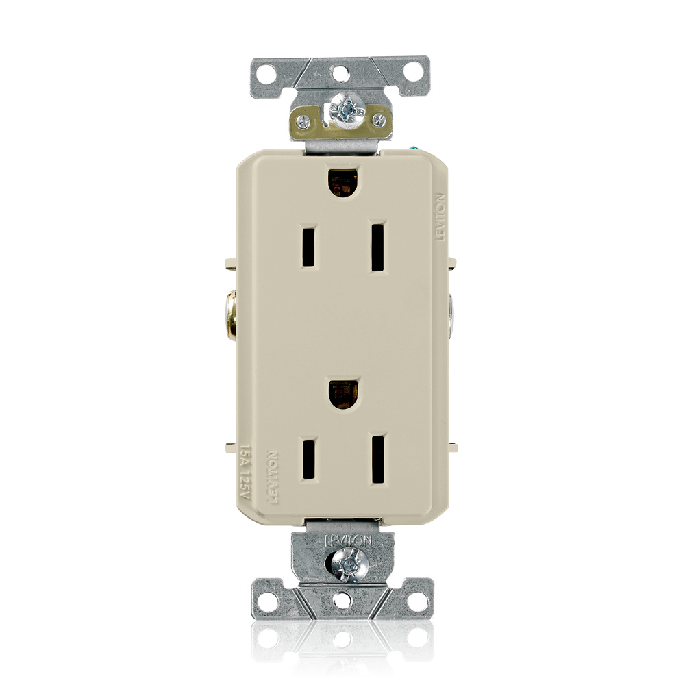 16252-I Decora Plus Heavy Duty Self Grounding Straight Blade Duplex Receptacle, 125 V AC, 15 A, 2 Poles, 3 Wires, Ivory